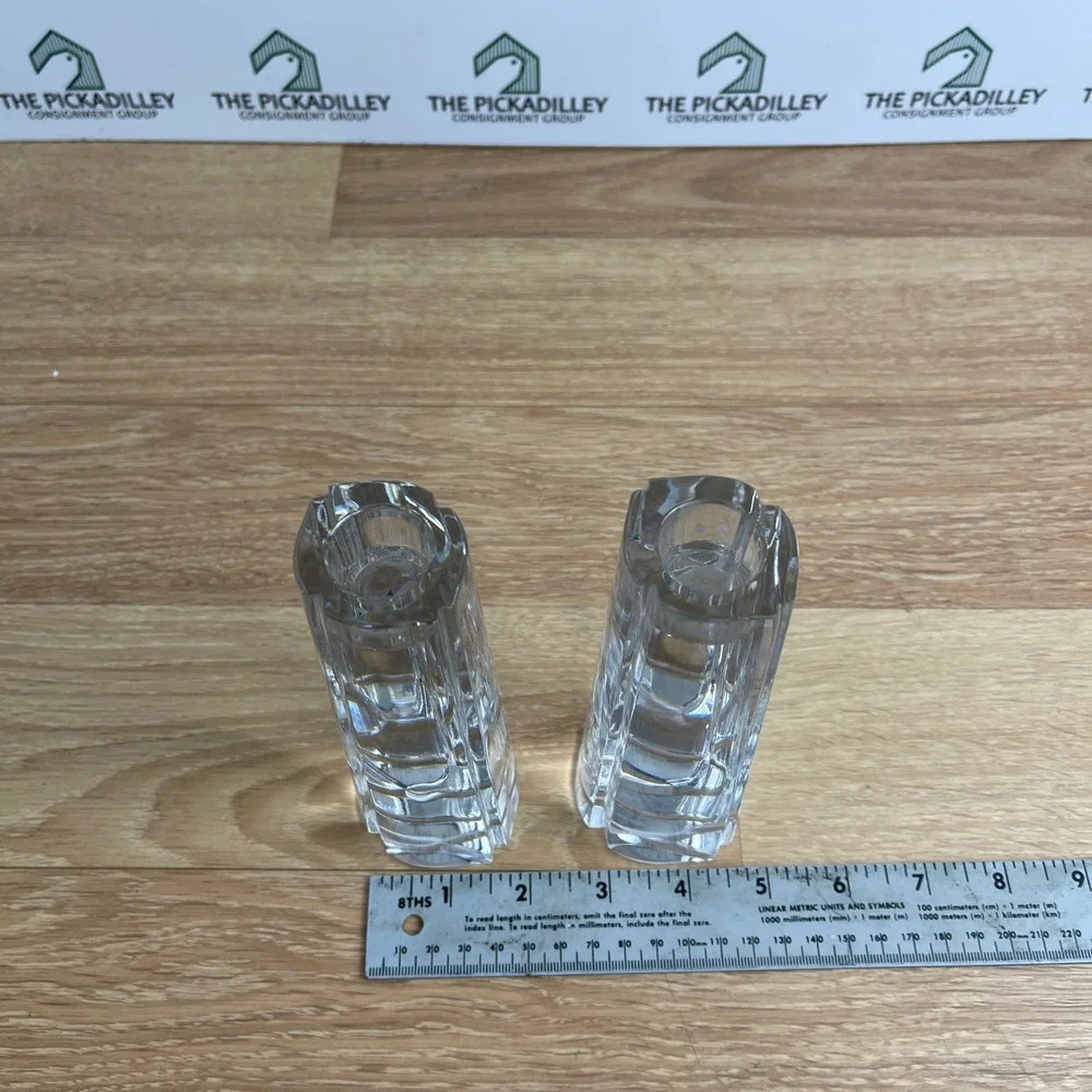 Orrefors Sweden Crystal Bud Vases Pair Hexagonal Tapered Clear Glass 7.5 Inch